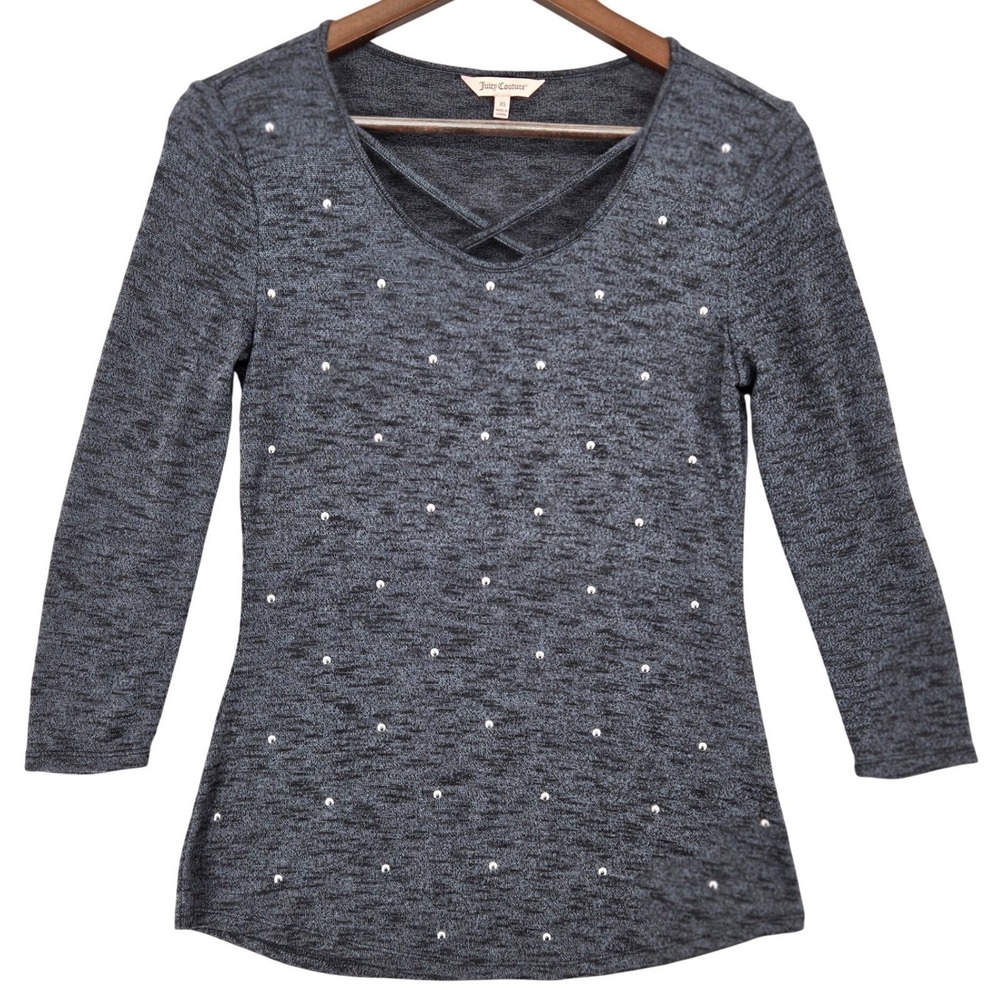 Juicy Couture XS Studded Space Dye Criss Cross V-Neck Top Womens Grey